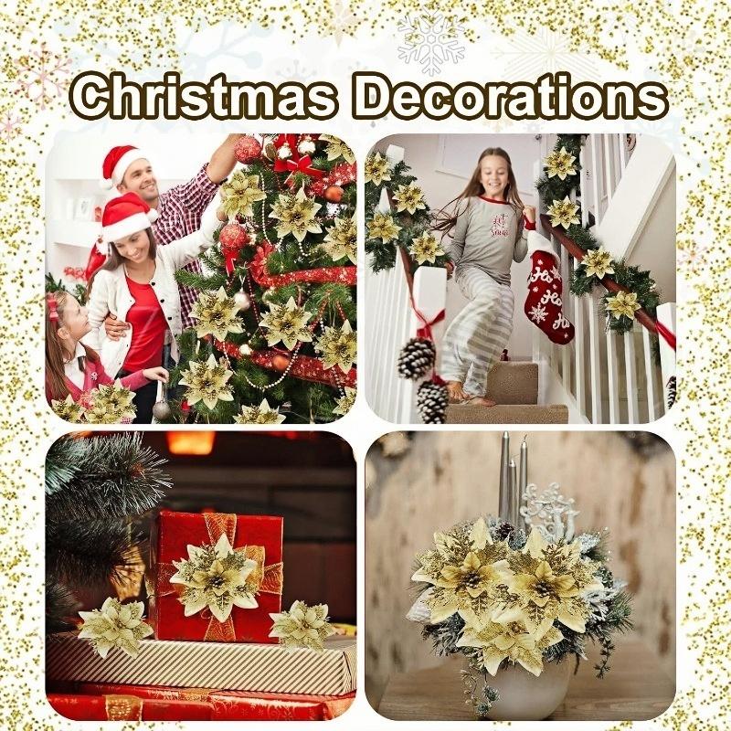 6-24 Stück 15cm Künstliche Weihnachtsblumen mit Clips Stielen, Weihnachtsbaumschmuck Glitzerblume für Girlande Neujahrsparty Dekoration