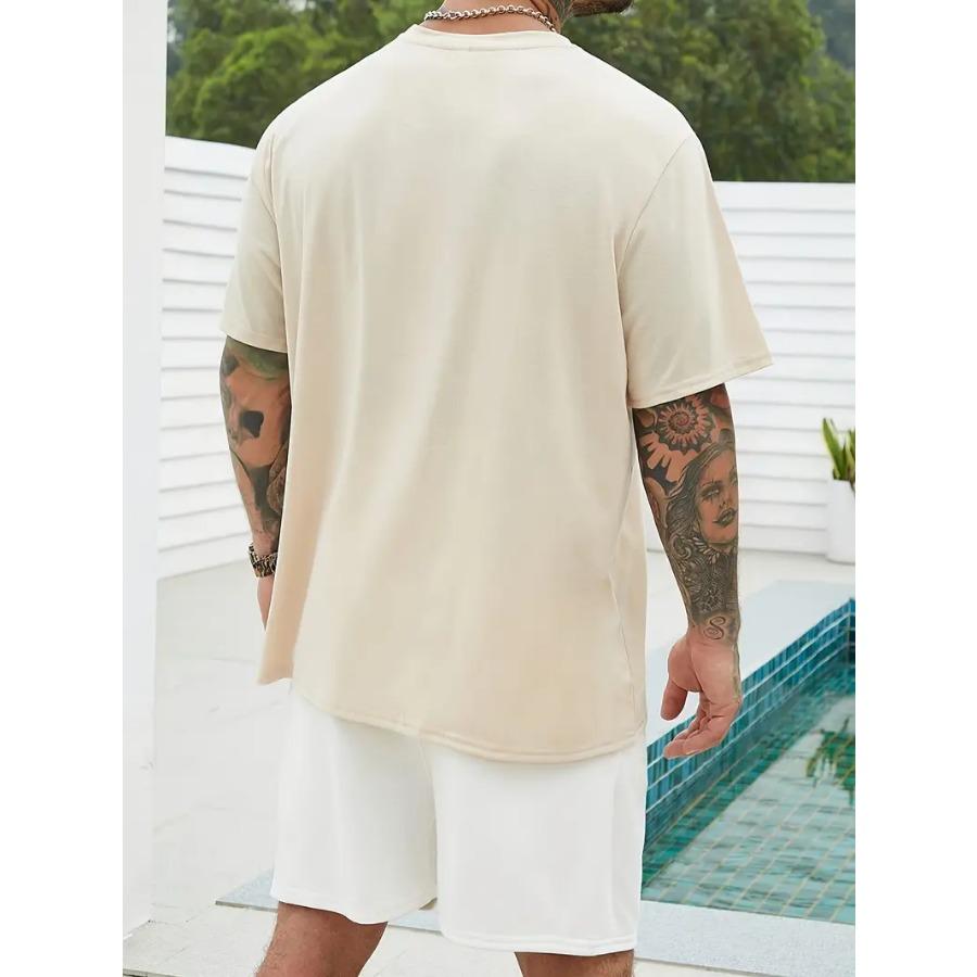 Men's 100% Cotton Coconut Tree Graphic Print T-shirt, Casual Short Sleeve Crew Neck Tee, Men's Clothing For Outdoor