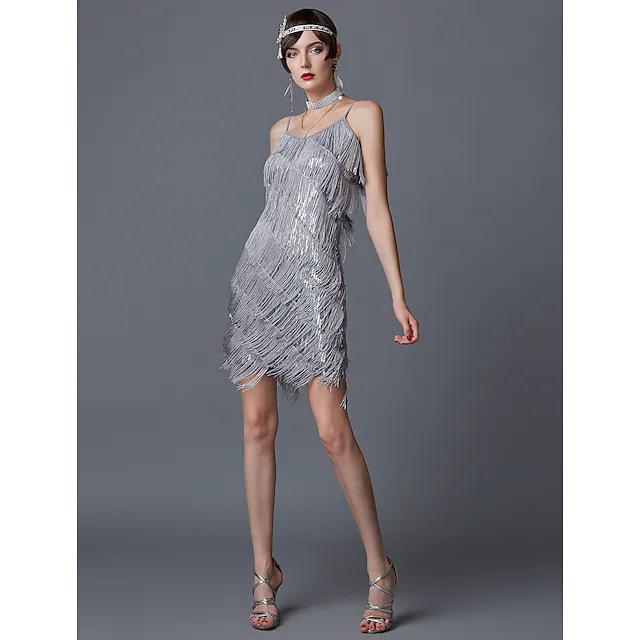 Gatsby 1920s Tassel V-Neck Spaghetti Strap Evening Gown: Retro Latin Dance & Cocktail Party Dress
