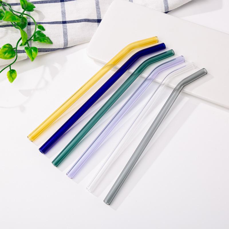 Bent Tip Colored Glass Straws - Double Child Pack, Creative Crystal Design, Heat Resistant for Milk Tea and Drinks
