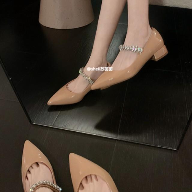 Cowhide Version~ Beautiful Small Heels, Genuine Leather Rhinestone Thick Heel, Single Shoes, Women's Spring Pointed Shoes, Mary Jane Flats, Ladyshoes.