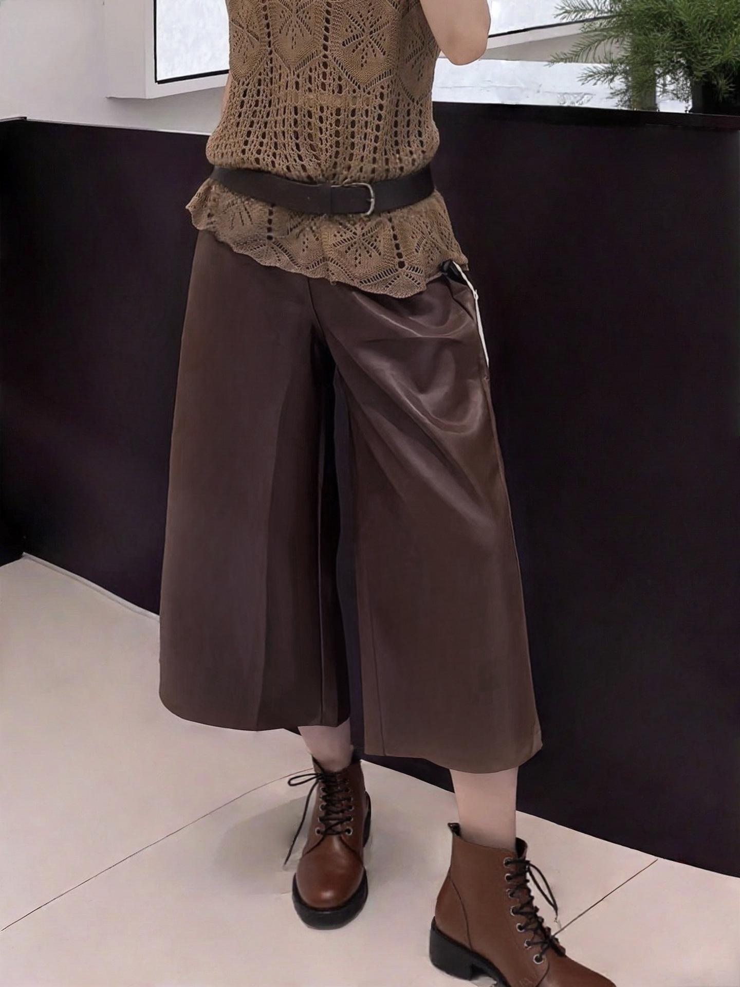 

Штани Маяр з високою посадкою, широкими штанинами, укорочені для жінок - Осінньо-зимовий тренд Small колір темно кави