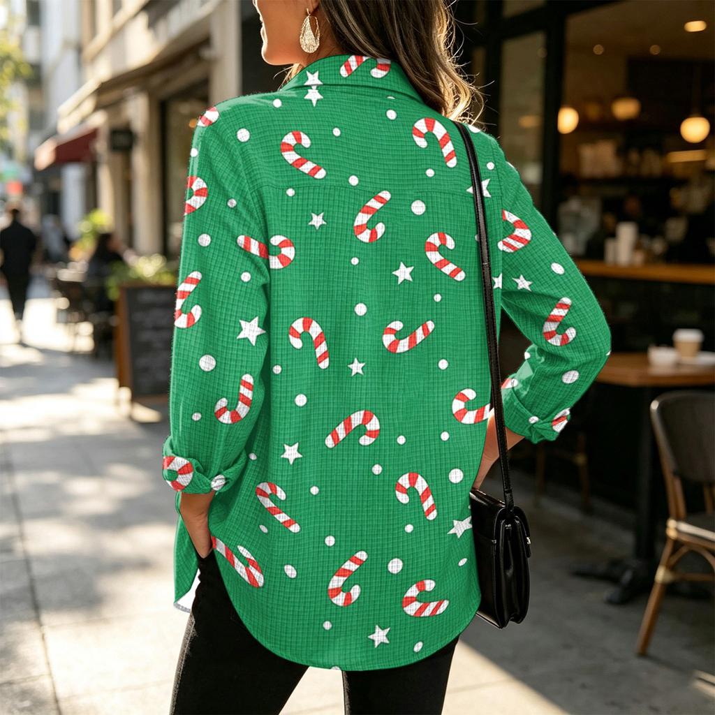 Women's Fashion Christmas Print Button Front Cardigan, Loose Fit Long Sleeve Shirt Top