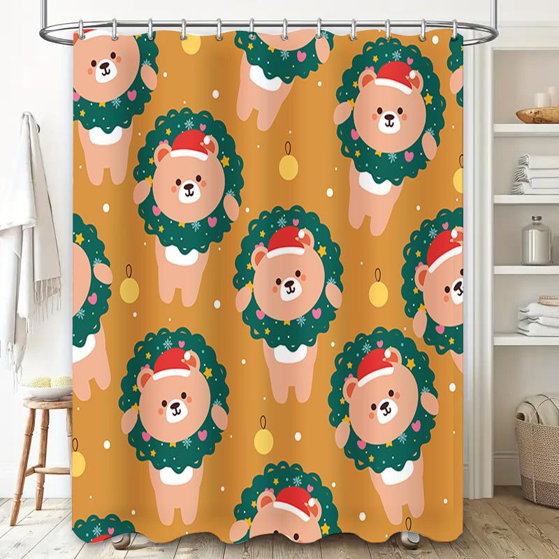 Adorable Christmas Lion Teddy Bear Santa Claus Christmas Decorative Shower Curtain Set Home Textiles Bathroom Decoration