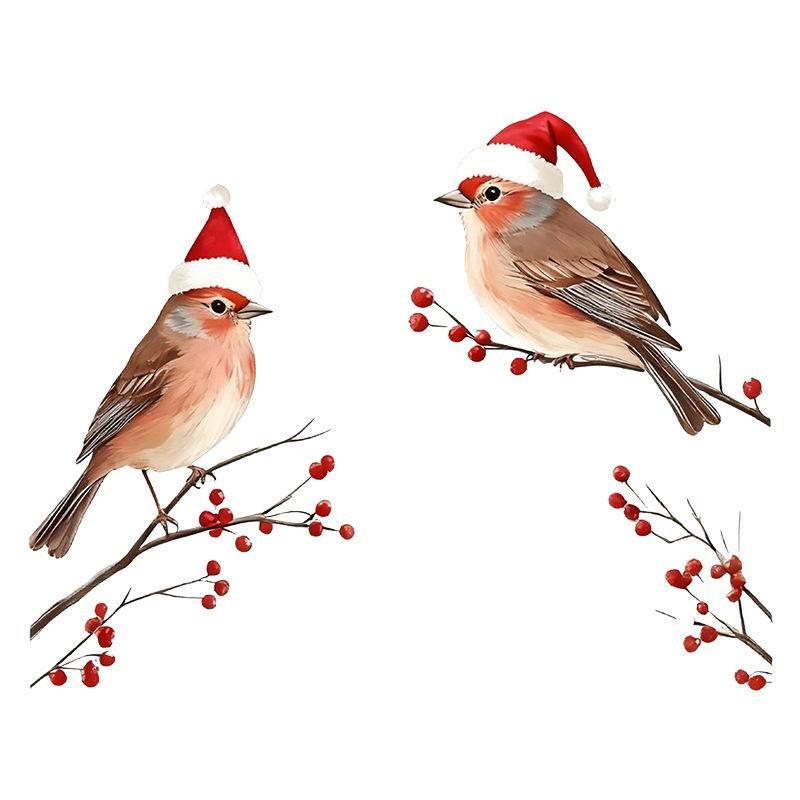 1 Peça Três Pássaros Com Chapéus de Papai Noel Adesivos de Janela Tema de Natal Galhos de Frutas Vermelhas Adesivos de Parede Decorativos Para Vidro e Janela