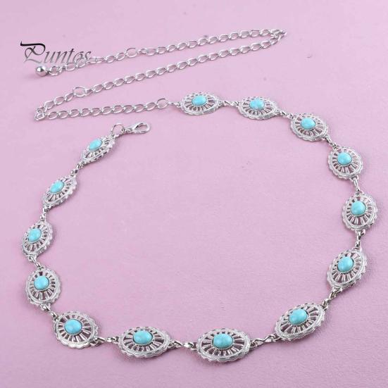 Exotic Lace Metal Ring Belt Waist Chain for Women, Adjustable Fit Waistband with Turquoise Decor, High Retro Ethnic Style Dresses Skirts Beachwear