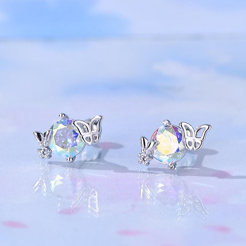 

S925 Посеребренные серьги Цветной бриллиант с цирконом, летящая бабочка, серьги-гвоздики с винтами, корейская мечта, серьги-гвоздики с бабочкой и лунным камнем