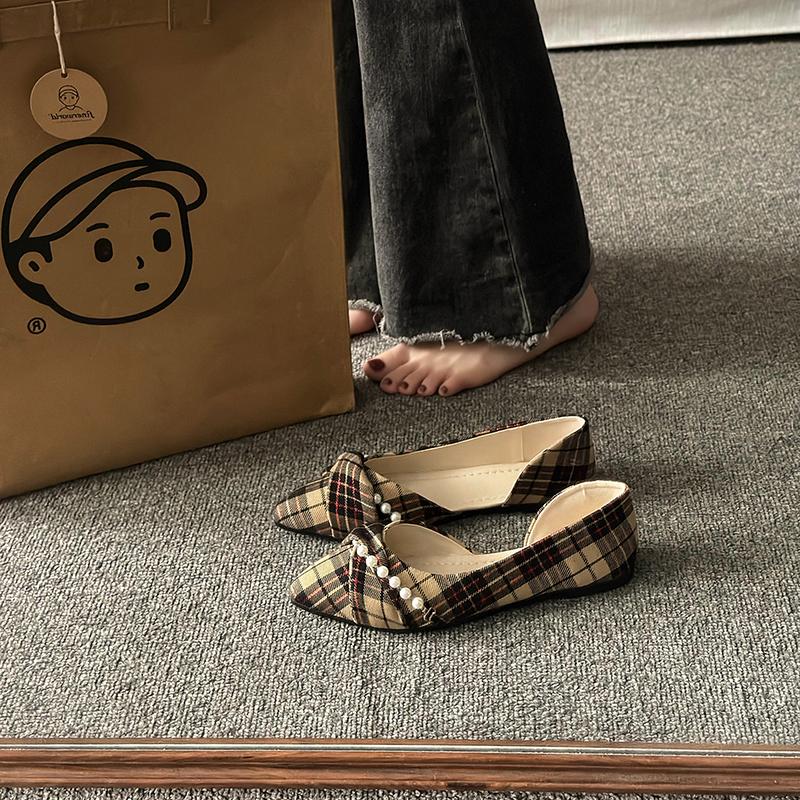Shallow Mouth Pearl Decoration Soft Korean Shoes Bow Women's Shoes Casual Shoes Pointed Beads Fashion Women's