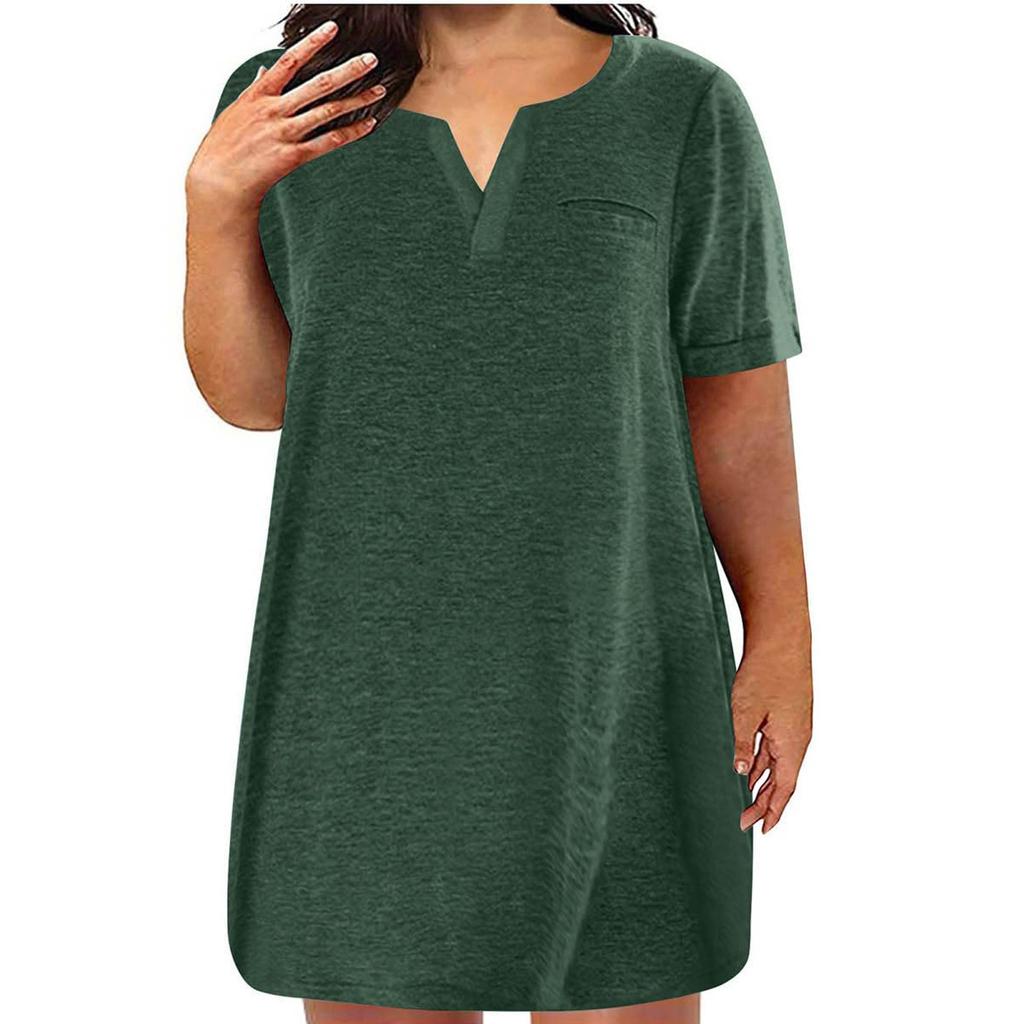 Dámské šaty velké velikosti s výstřihem do V, krátkým rukávem, letní ležérní jednobarevná tunika s kapsou