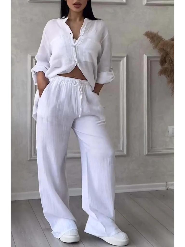 GD2024 European-American Casual Cotton Linen Shirt & Drawstring Wide-Leg Pants Set
