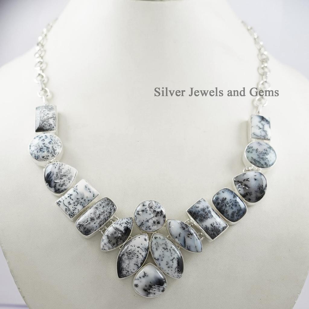 Handmade Dendritic Opal Cluster Necklace, 925 Sterling Silver, Gemstone Jewelry