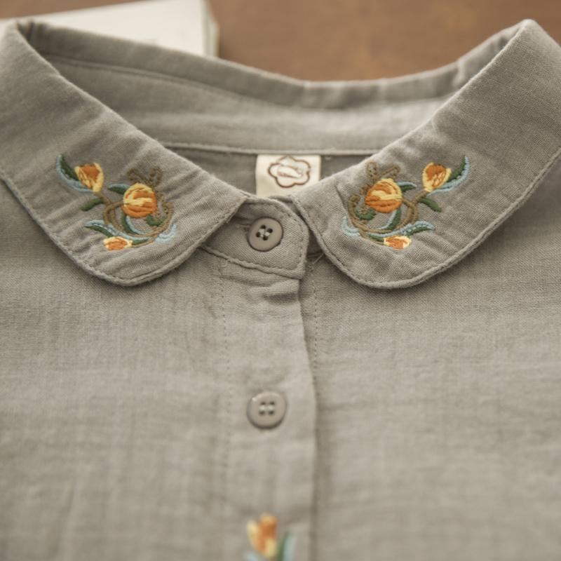 

Осенняя двухслойная хлопковая пряжа с длинными рукавами для женщин, свободная художественная универсальная вышитая рубашка из чистого хлопка, блузки и рубашки XL серый