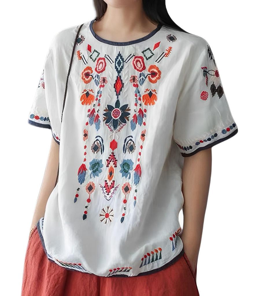 Second Roots Ethnic Embroidered Pullover Asian Short Floral and Botanical Outdoor Loose Plus Sizes Solid Top, Pattern, Sleeve, Summer, Women's,