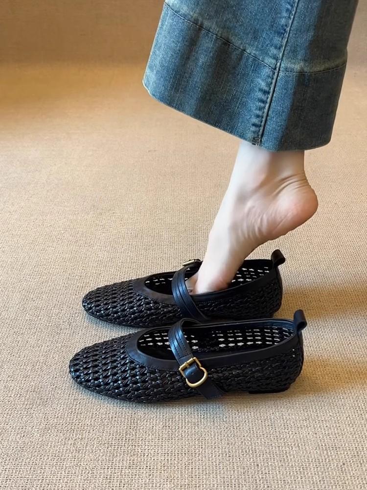 

Sheepskin version~ versatile French woven mesh one-word buckle single shoes women s shallow mouth round head flat bottom comfortable Mary Jane shoes 40 чёрный