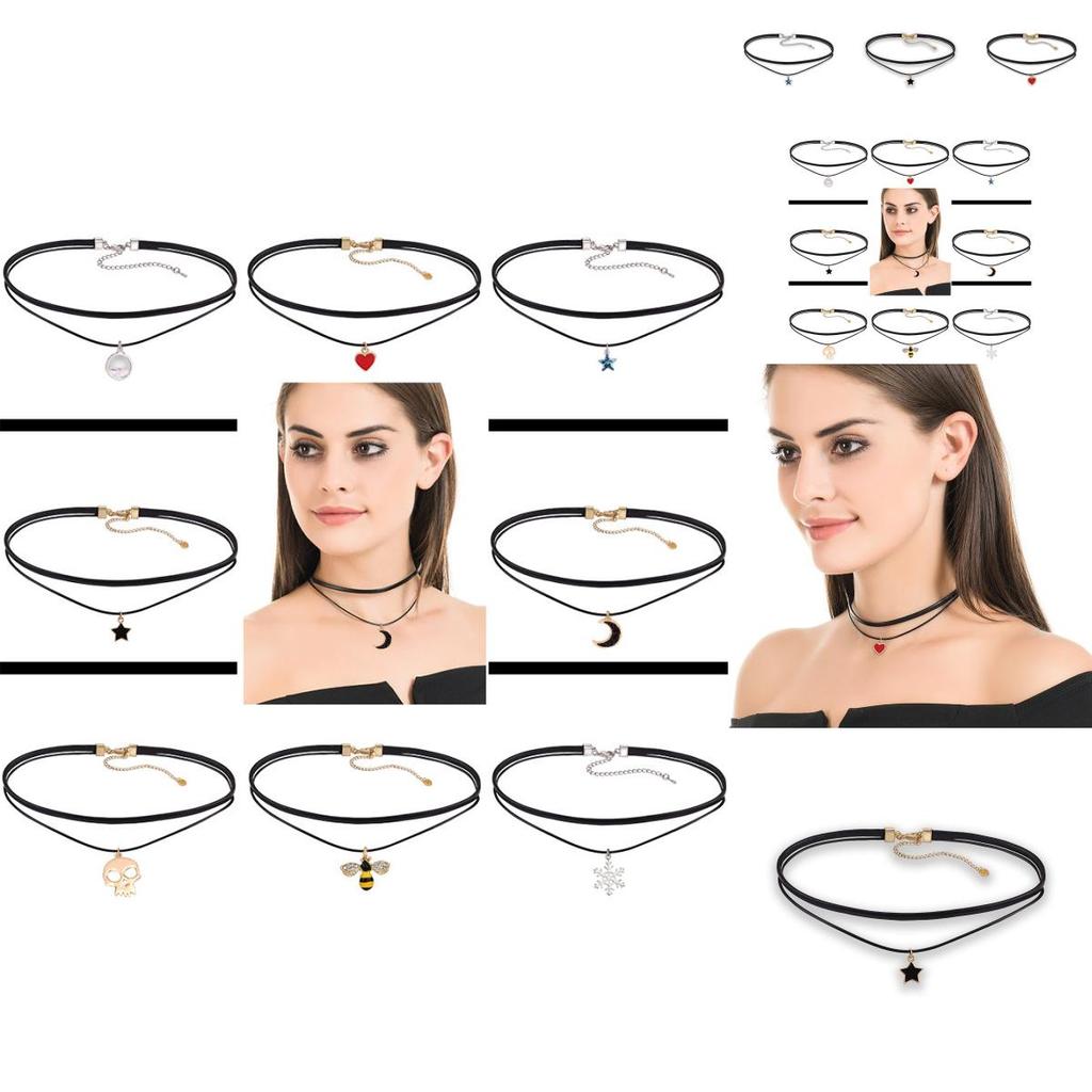 Trendy Pu Layered Choker Necklace For Women With Eye-catching Dual Heart And Star Pendants