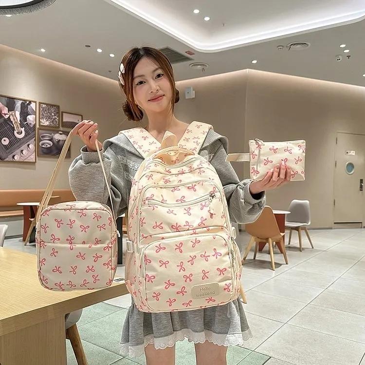 Bow Print Women Large Capacity Backpacks Lightweight Simple Student Schoolbag Female Bag Three-Piece Set