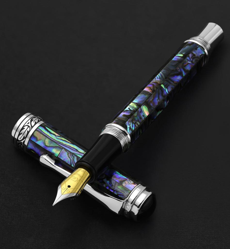 Xezo Maestro Fountain Fine Natural Abalone Pure Platinum Limited Serialized Pen, Nib, Shell, Plated, Handmade, Edition,