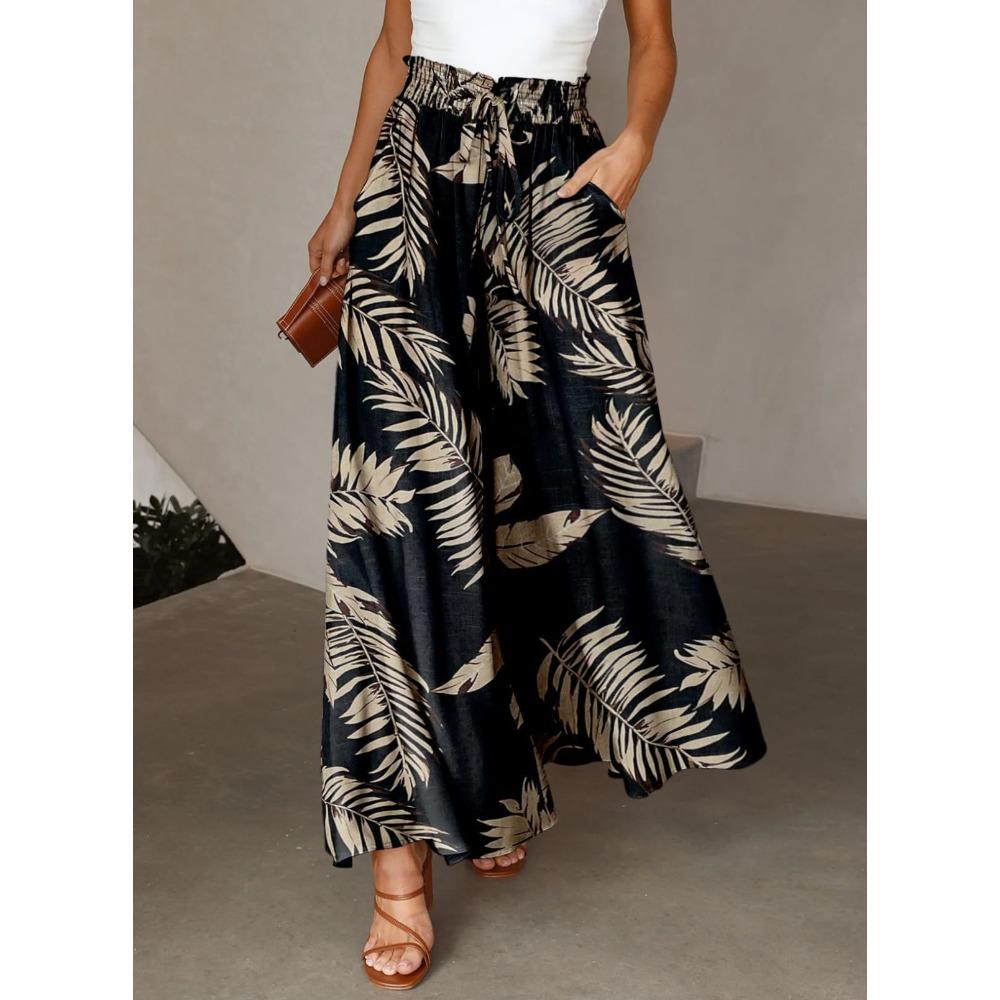 Women's Mid Waist Digital Printed Pocket Design Loose Wide Leg Casual Long Pants