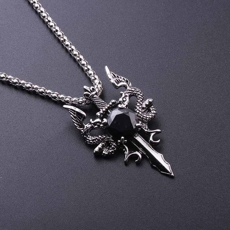 New Personality Design Punk Style Red Dragon Sword Pendant Necklace for Men Goth Retro Cross Stainless Steel Collar Rock Jewelry