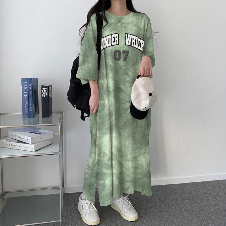 Korean Tie-Dye Slim Fit Letter Print T-Shirt Dress - Women's Summer 2024 Collection