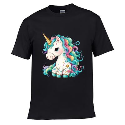 Cute Rainbow Unicorn Floral Star Fantasy Illustration Unisex Summer Washed Tee Loose Distressed Top