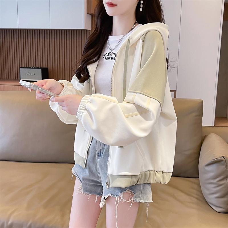 Autumn Vintage Patchwork Cardigan Sweatshirt Ladies Loose Casual Zipper Coat Women All-match Hooded Jacket Top