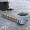 Metal Ice Hole Scoops for Winter Fishing with a Bowl-Shaped Perforated Head, Wood Handle, and Connector for Clearing Loose Ice and Debris