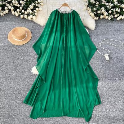 Elegant Rhinestone O-neck Lace-up Vintage Cloak Sleeve Chic Chiffon Slim Long Pleated Dresses Fashion Women High Street Clothing