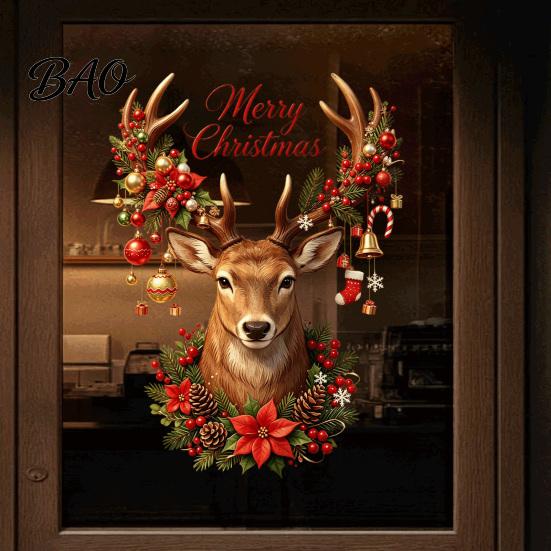 Reusable Winter Window Clings Christmas Reindeer Static Glass Sticker, Removable with Merry Text, PVC Stickers for Holiday Home And Store Decoration