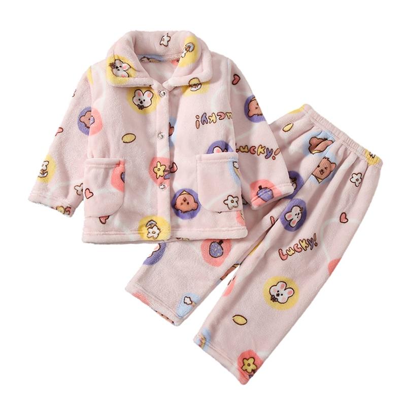 1-14 let Dětská kreslená tištěná teplá zahuštěná pyžamová souprava fleecové domácí oblečení