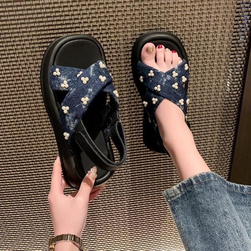 Summer Fashion Comfortable Round-toe Light Roman Beach Sandals Non-slip Thick-soled Sandals for Women Denim Pearl Flip-flops