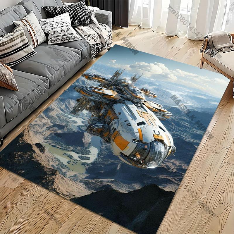 Futuristic Spacecraft Exploring Mountainous Terrain Carpet Yoga Living Room Room Decor Children's Crawling Mat Doormat Rug