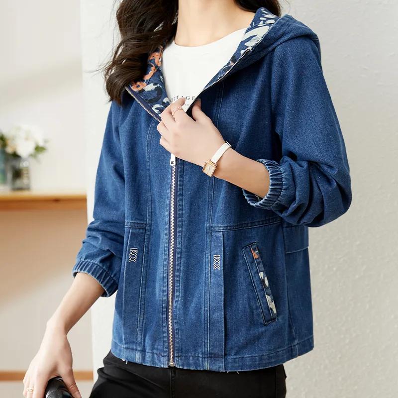 Stylish Hooded Denim Jacket Women's Short Jean Coat Mother  Outerwear Loose Casual Jackets Spring Autumn