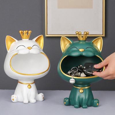 Glückskatze Ornament Bonbonbox Aufbewahrung Große Kapazität Dekor Kunstharz Niedliche lachende Kätzchenfigur Statue Veranda Heimdeko