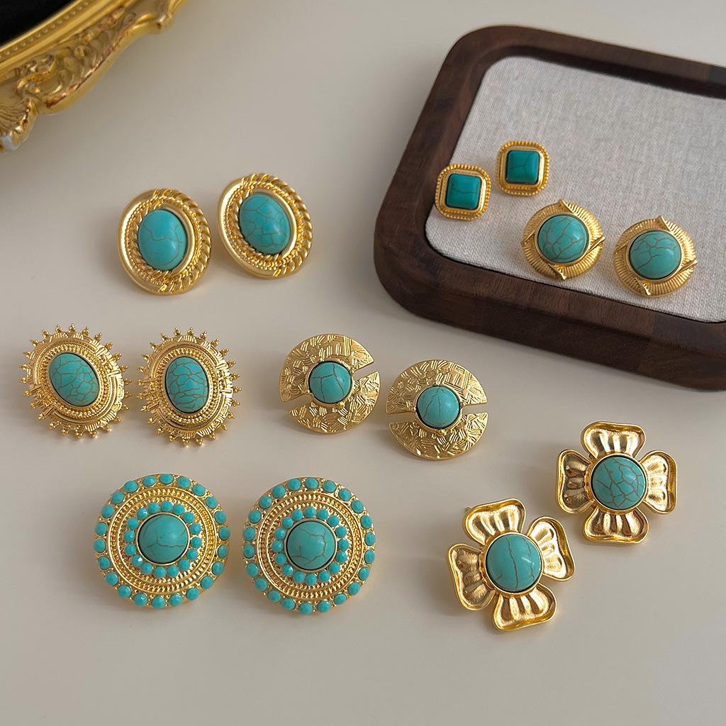 Vintage tyrkysové náušnice pro ženy, módní, lehký luxusní, starožitný styl, těžký průmysl, špičkové náušnice