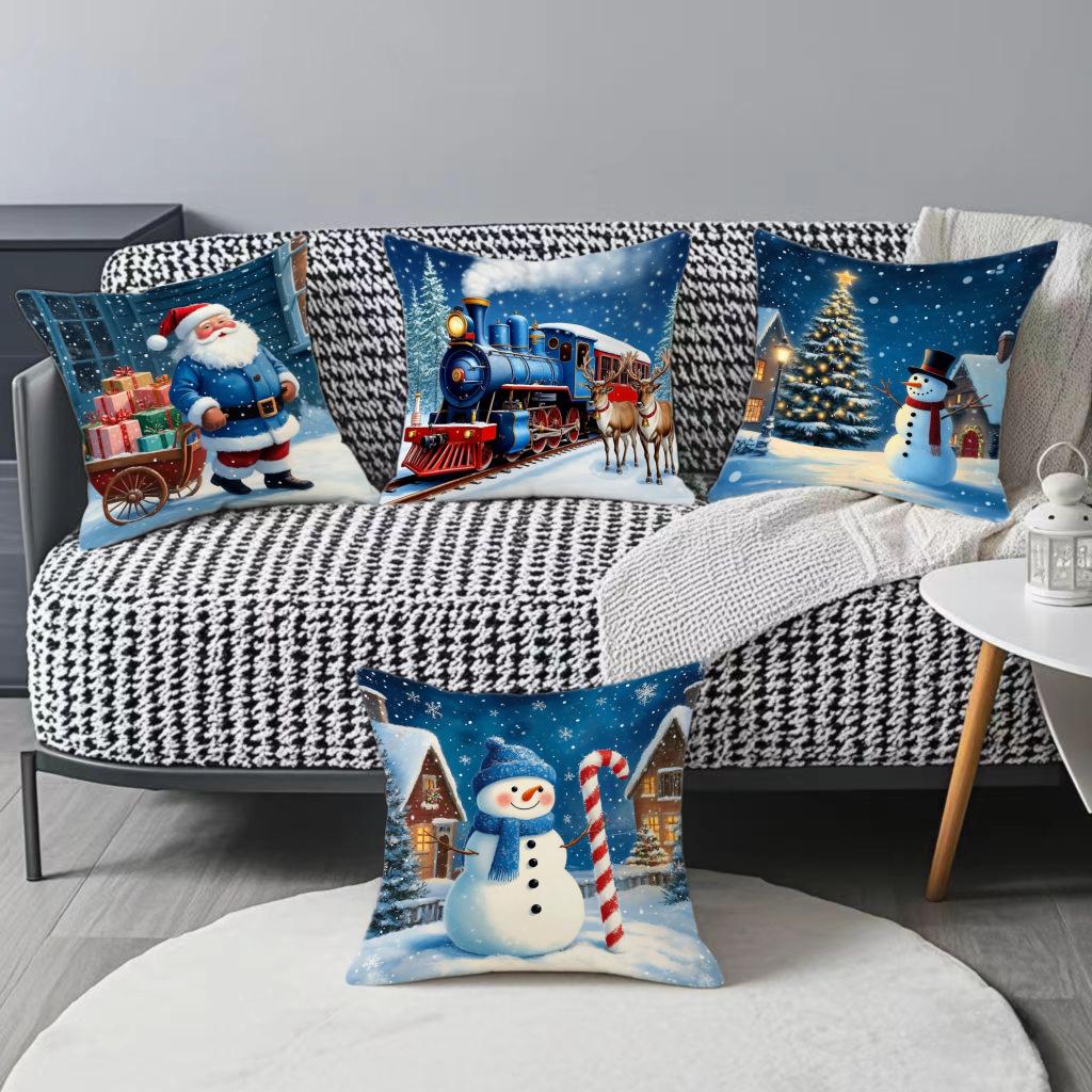 Simple Christmas Party Throw Pillow Cover Indoor Home Decor Sofa Pillow Santa Claus Elk Print Cushion Cushion