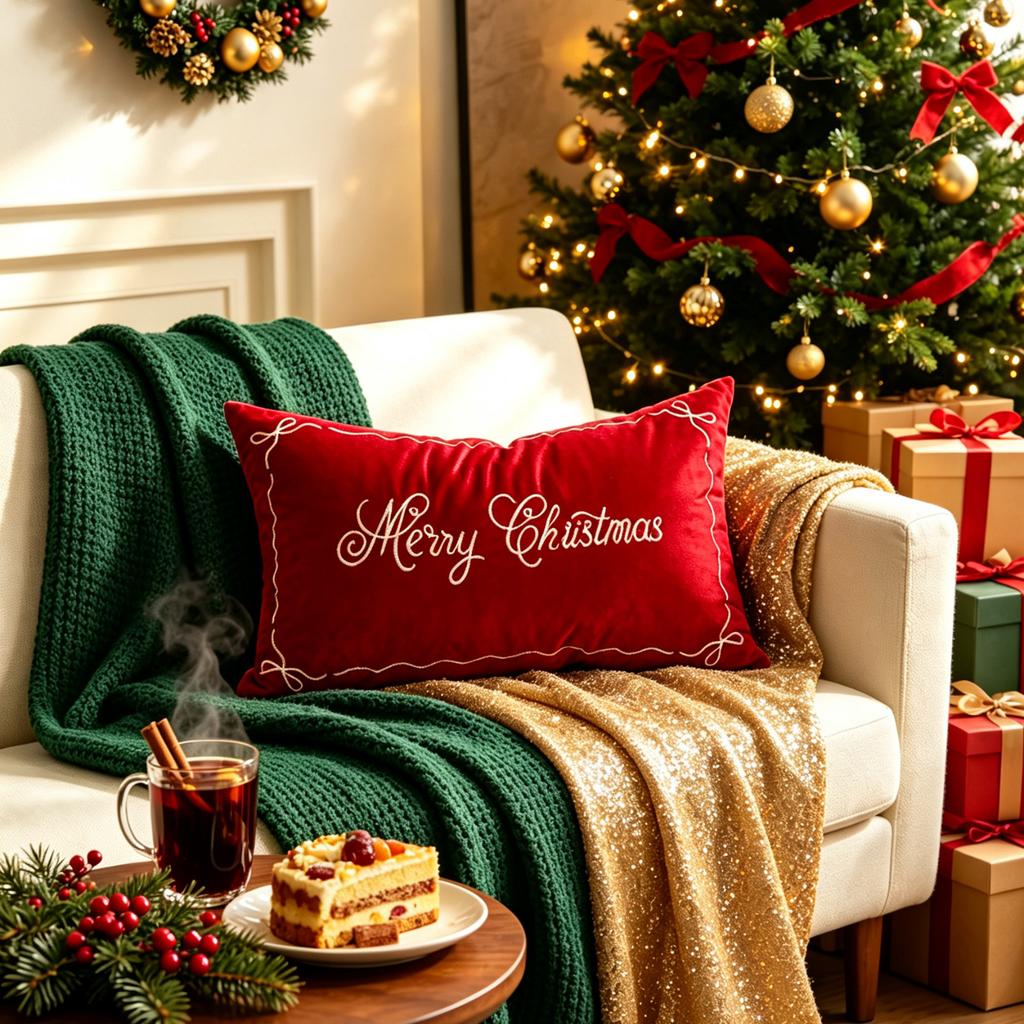 Christmas Embroidered Throw Pillow Cover Red White Bow Decorative Cushion Cover for Couch Living Room Home Decor 45x45 Cm