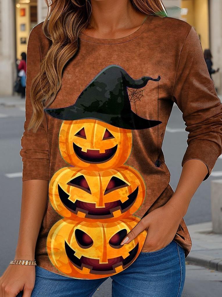 2025 Women Casual Long Sleeve Tops Graphic Halloween Pumpkin Tee Shirts Blouse Crewneck Fall Winter Streetwear Style Pullover