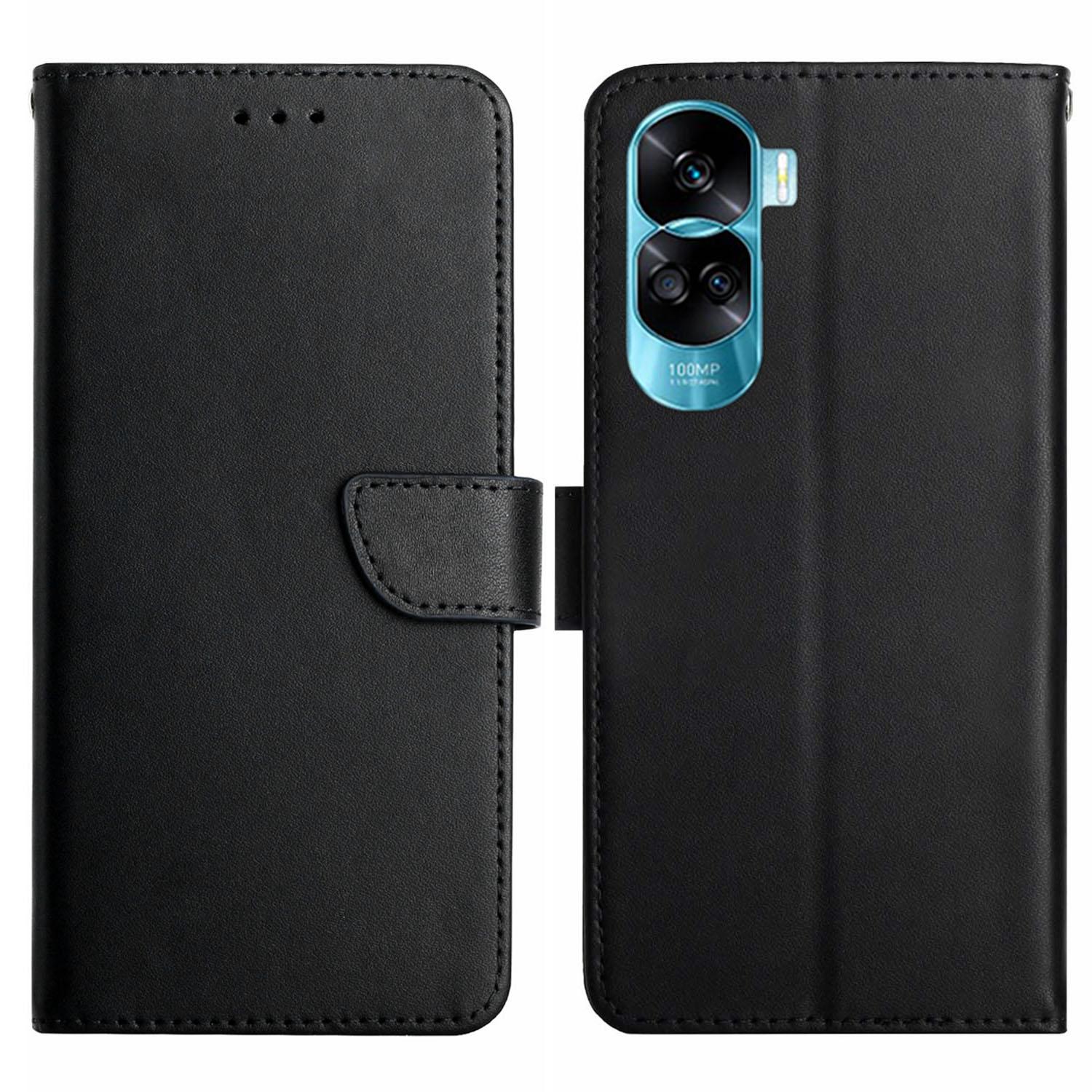 

HT02 For Honor 90 Lite 5G/X50i 5G Wallet Phone Case Genuine Cow Leather Stand Phone Cover Black