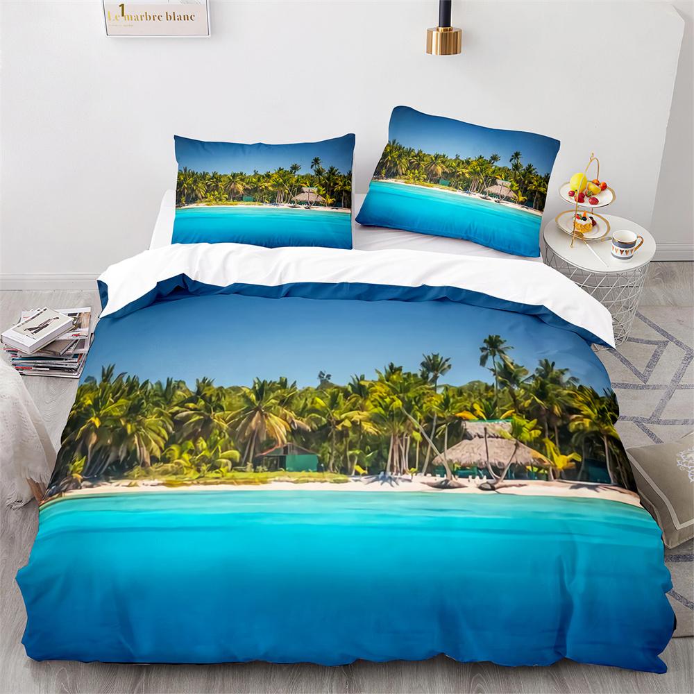 Beach Ocean Duvet Cover Set Sunset Hawaiian Waves Comforter Cover Tropical Island and Sea Beach Nature Polyester Bedding Set