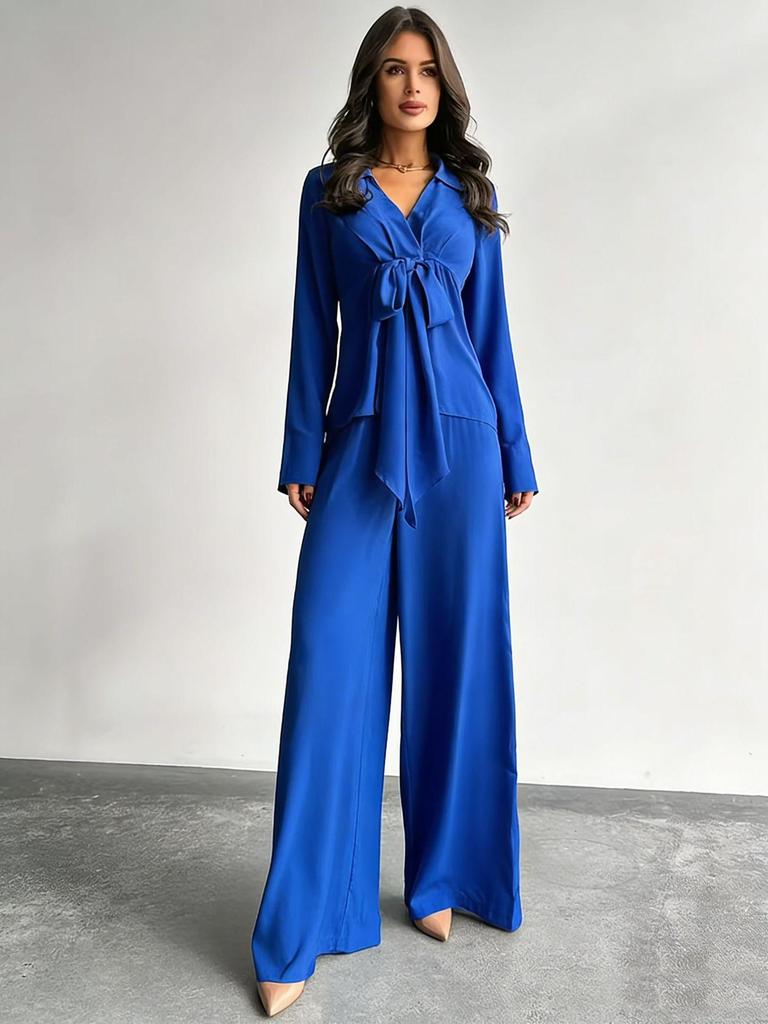 2025 Women's Autumn Casual Set: Solid Color Drawstring Top & Wide-Leg Pants