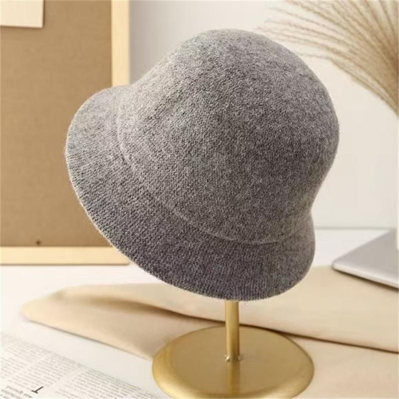 Wool blended bucket hat women's autumn and winter thermal basin hat knitted big face small face hat straight bucket hat women