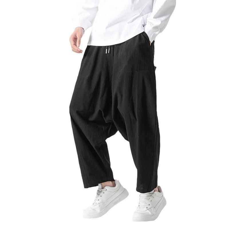 2024 Autumn/Winter Men's Cotton Linen Harem Pants - Chinese Style Patchwork, Casual Wide-Leg