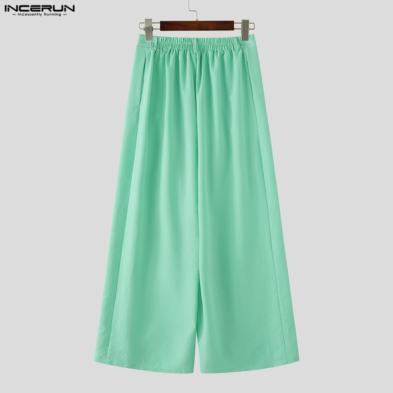 INCERUN Men Back Elastic Waist Wrap Casual Baggy Long Wide Leg Pants Trousers