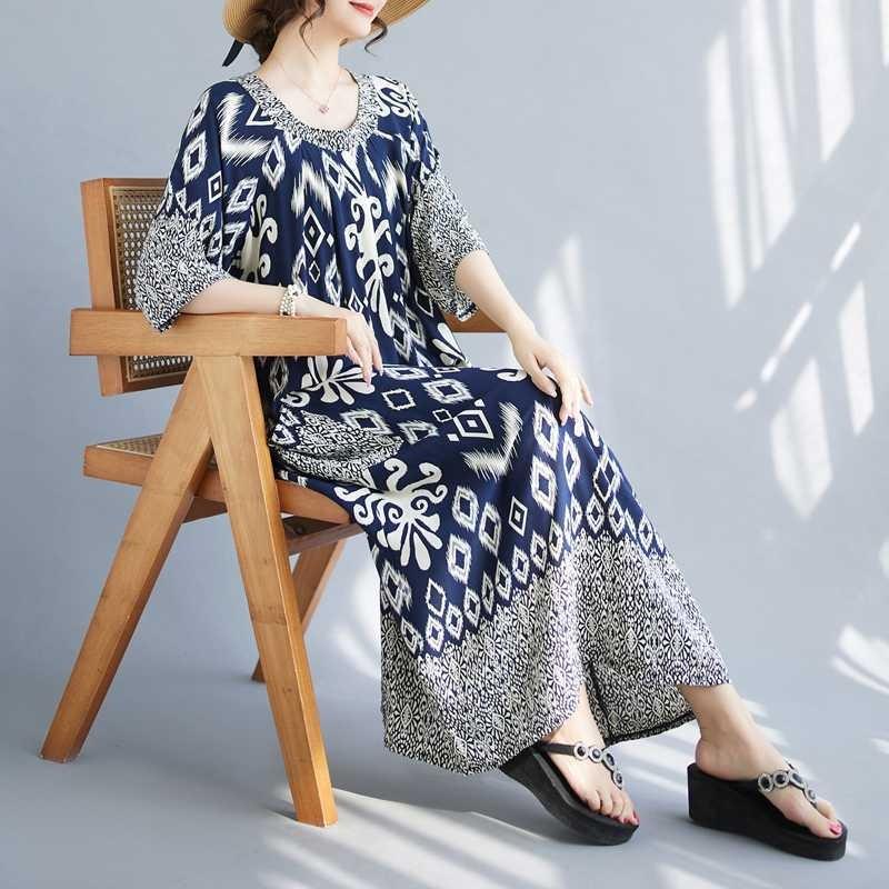 Summer New Temperament V-neck Mid-length Dress Retro Printing Loose Dresses