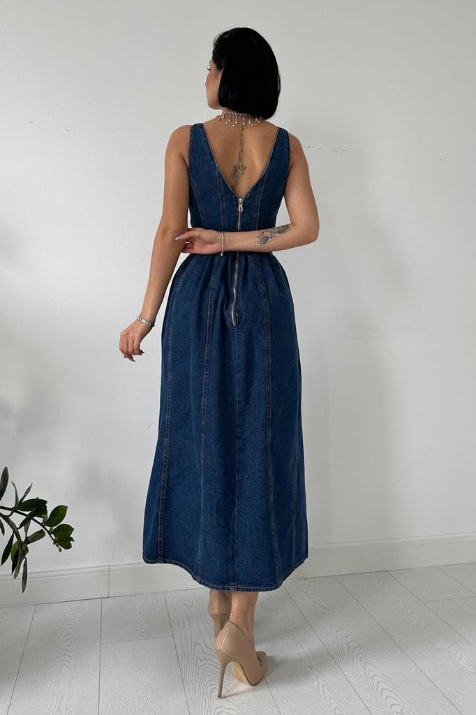 Damenmode Große Größe Herzausschnitt Midi Länge Jeanskleid - Blau