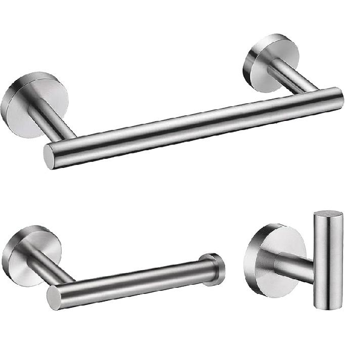 Nolimas 3-Pieces Set Brushed Nickel Bathroom Hardware SUS304 Stainless Steel Round Wall Mounted - Includes 12" Hand Towel Bar, Toilet Paper Holder,