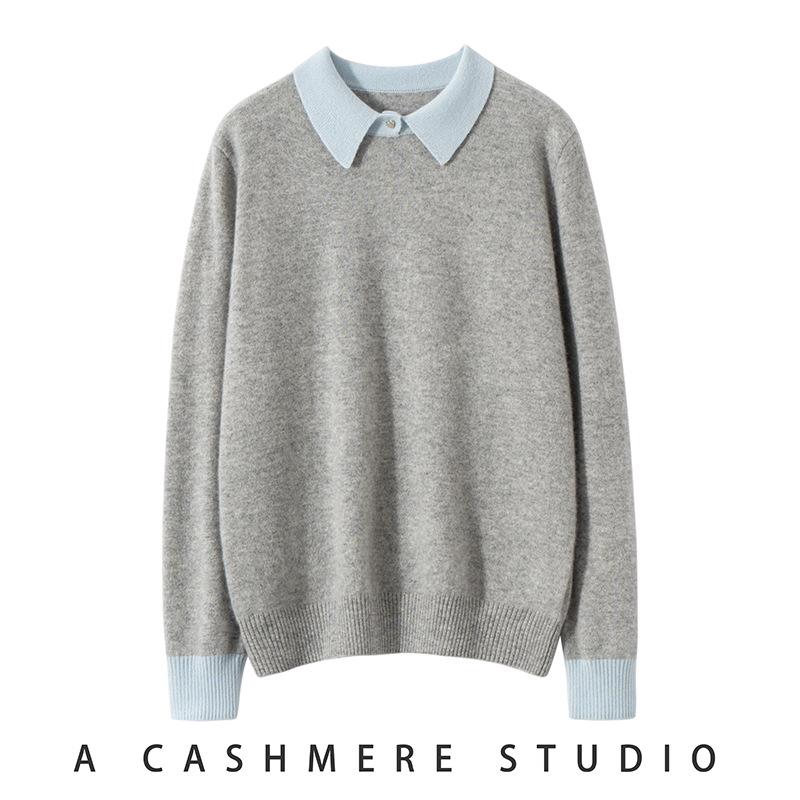 Women's 100% Pure Cashmere Color Block Polo Collar Sweater - Long Sleeve Knit Pullover for Autumn/Winter