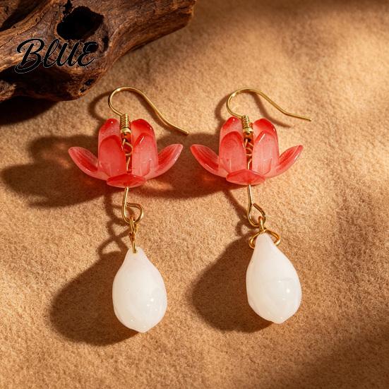 Lotus Flower Earrings 1 Pair for Women Vintage 3D Pink Dangle Pearl Drop Earring Faux Crystal Floral Jewelry Hanfu Cosplay Accessories Fashion Face