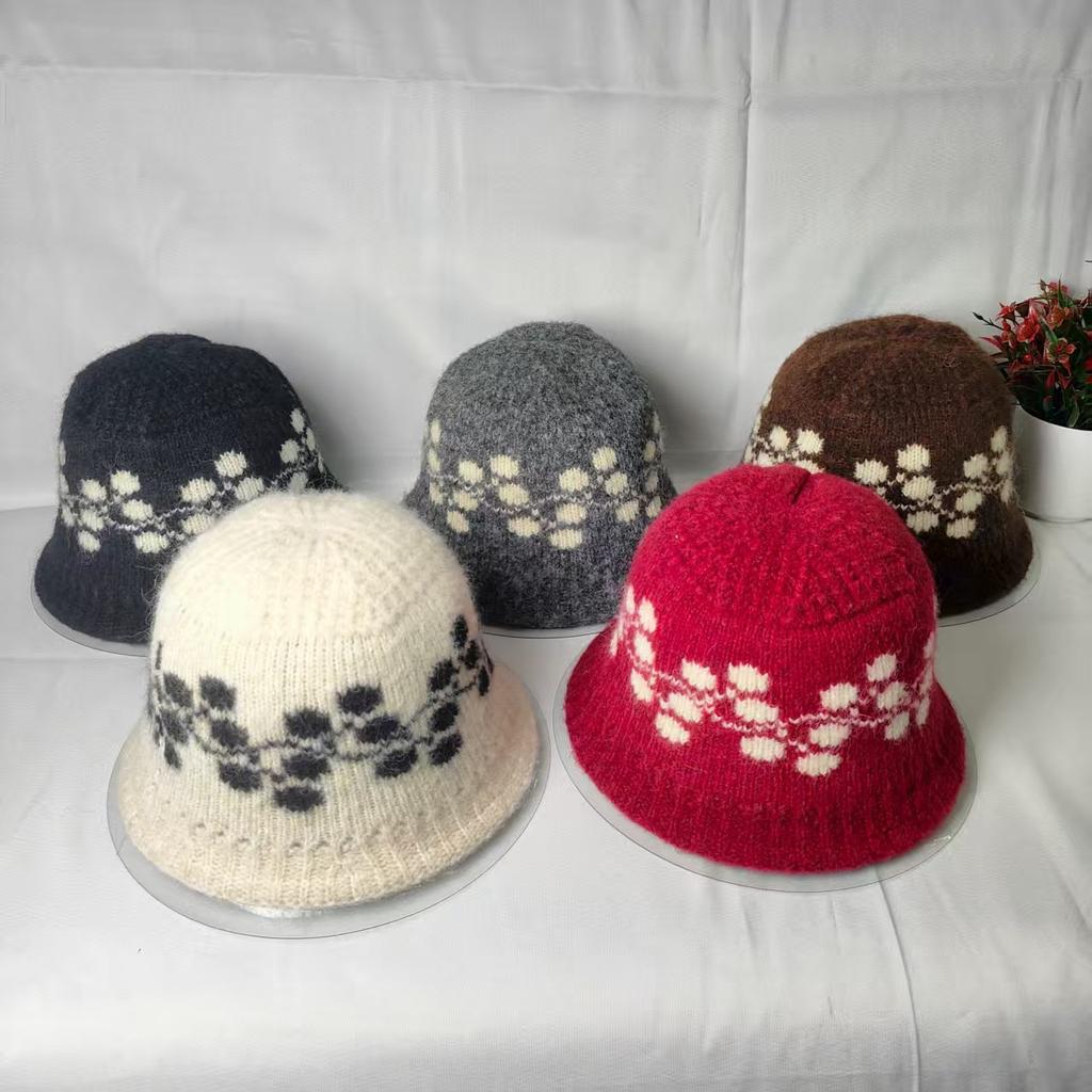 New Jacquard Wool Hat for Women, Warm and Cold In Winter, Small Face, Big Head Circumference, Versatile Knitted Bucket Hat